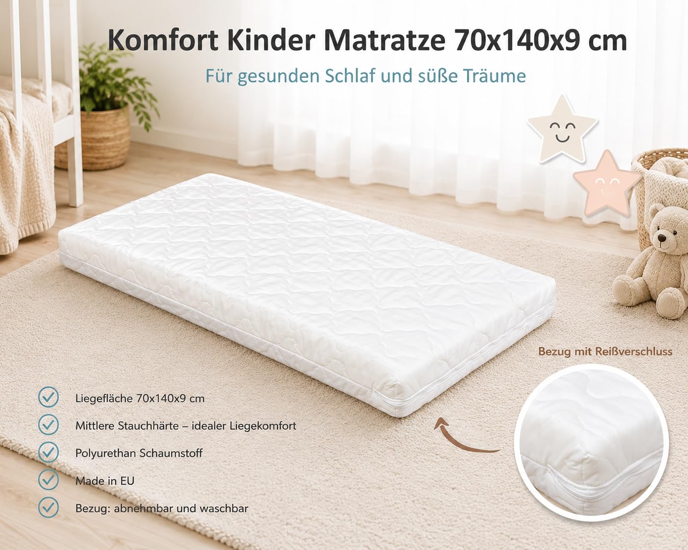 Baby Matratze Kindermatratze Komfort 70x140x9 cm für Babybett Kinderbett Babymatratze mit gestepptem Bezug in weiß