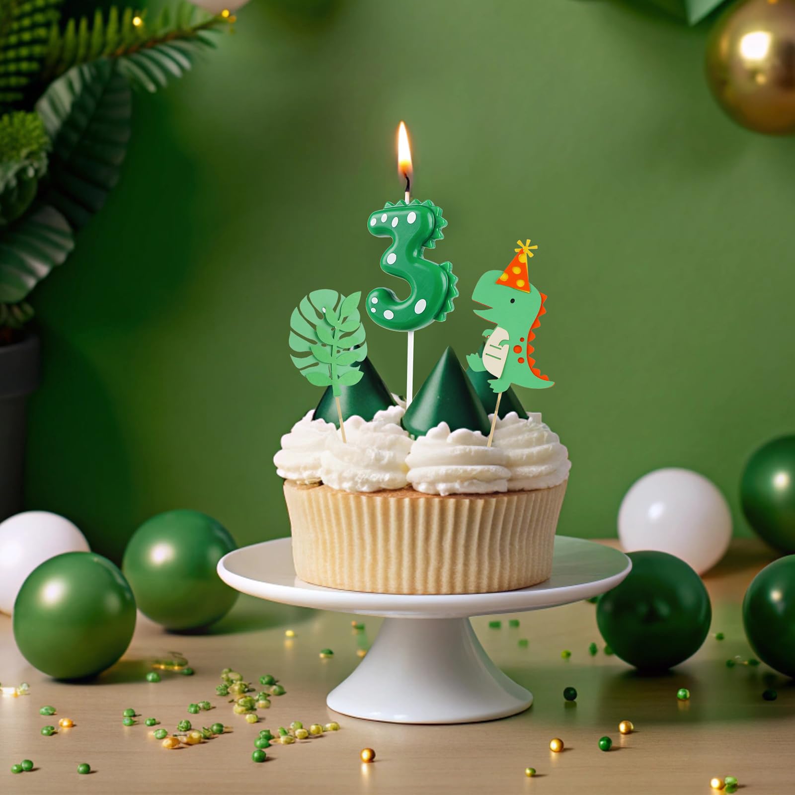 TRUEIN Digitale Dinosaurus-Taartkaars Nummer 4 - 1 Cijferkaars en 8 Lange Dunne Kaarsen, 6,8 cm - Gebogen Verjaardagskaarsen voor Taart, Themafeestdecoratie