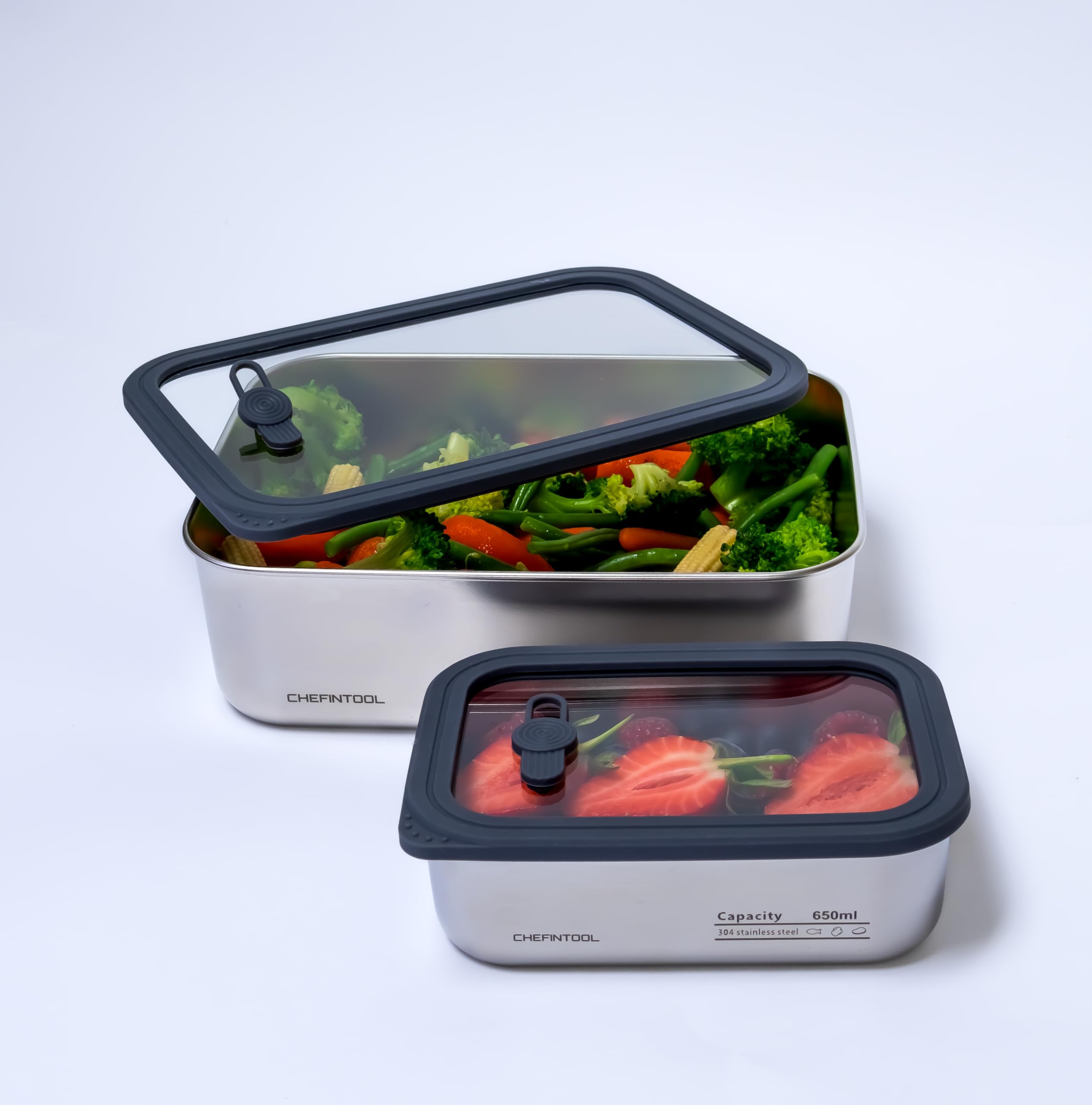 Set di contenitori per il pranzo in acciaio inox con coperchi in vetro, 3 contenitori impilabili per alimenti Bento (650 ml/1300 ml/2300 ml), ermetici, a prova di perdite, senza BPA, adatti