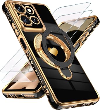 Cute Phone Case for Motorola Moto G Power 5G 2025/2026 - Black | Screen Protector+Ring Metal Kickstand,Love Heart Pattern,Soft TPU Full Camera Protection Cover for Moto G Power 5G 2025/2026