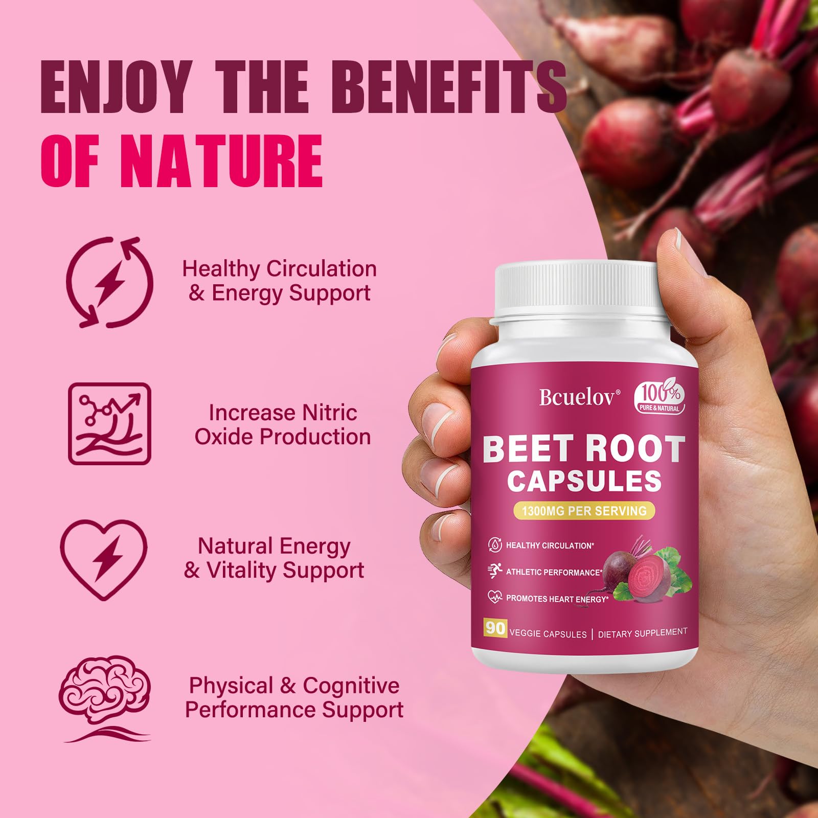 Beet Root Capsules | 1300mg Pure Beetroot Powder Capsules – Supports Blood Pressure, Natural Energy & Endurance - 90 Capsules, 45 Days Supply — Amazon image 4