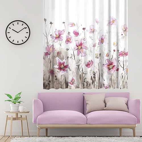 Miniatura 8 de AOKE Cortina de ducha floral rosa de 72 x 78 pulgadas, tela impermeable acuarela rosa y hojas de plantas grises, juego de cortinas de ducha de baño