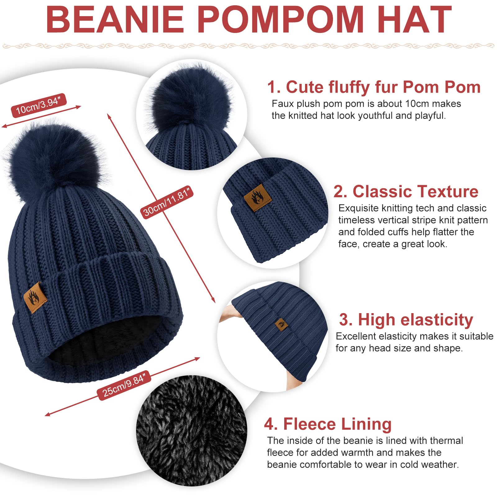 UMIPUBO Gorro de invierno, bufanda, guantes para pantalla táctil, calcetines peludos, orejeras, juego de 5 piezas para mujer, juego de invierno para esquí, marino, Talla única