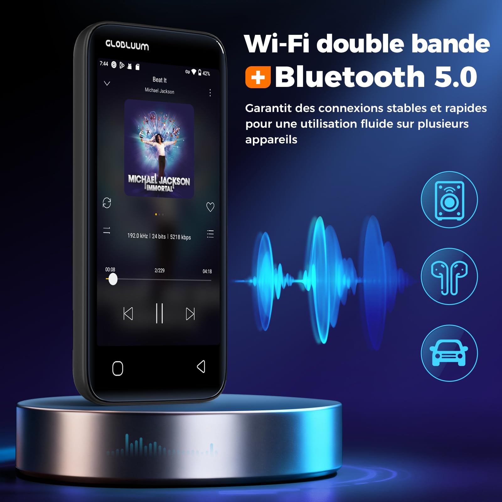 Lecteur MP3 96 Go Bluetooth 5.0 WiFi Compatible Spotify Android écran Tactile 4 Pouces Son HiFi Radio FM