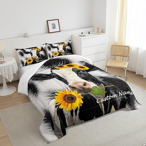 Miniatura 4 de Erosebridal Juego de edredón personalizado de vaca de las tierras altas, juego de ropa de cama con estampado de vaca negra y blanca para niños,
