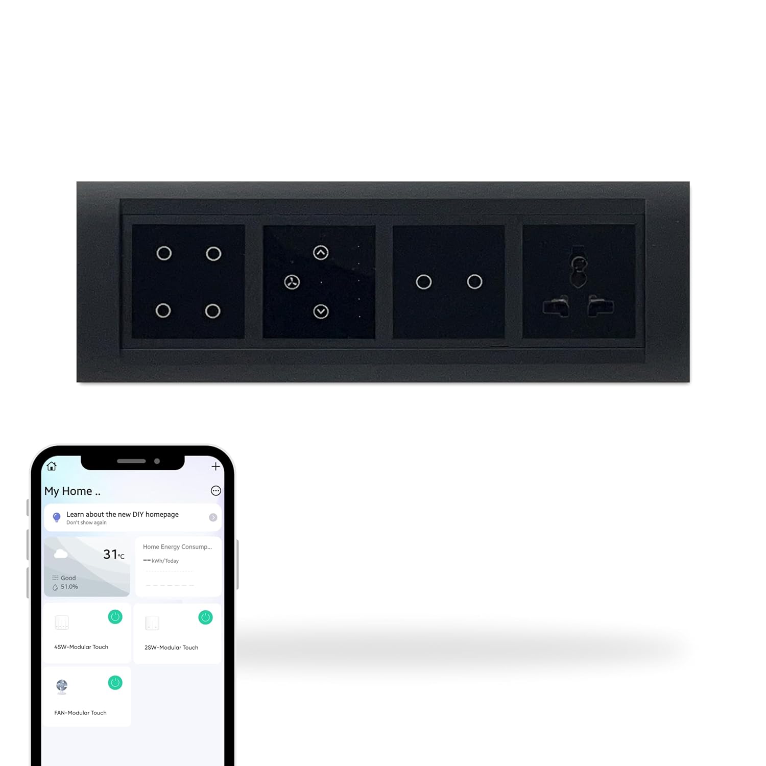 Aziot 8 Module Switch Board Plate | Smart 4 SW, 2 SW, Fan SW & Socket | WiFi & BLE | Google, Alexa & Siri (Black)