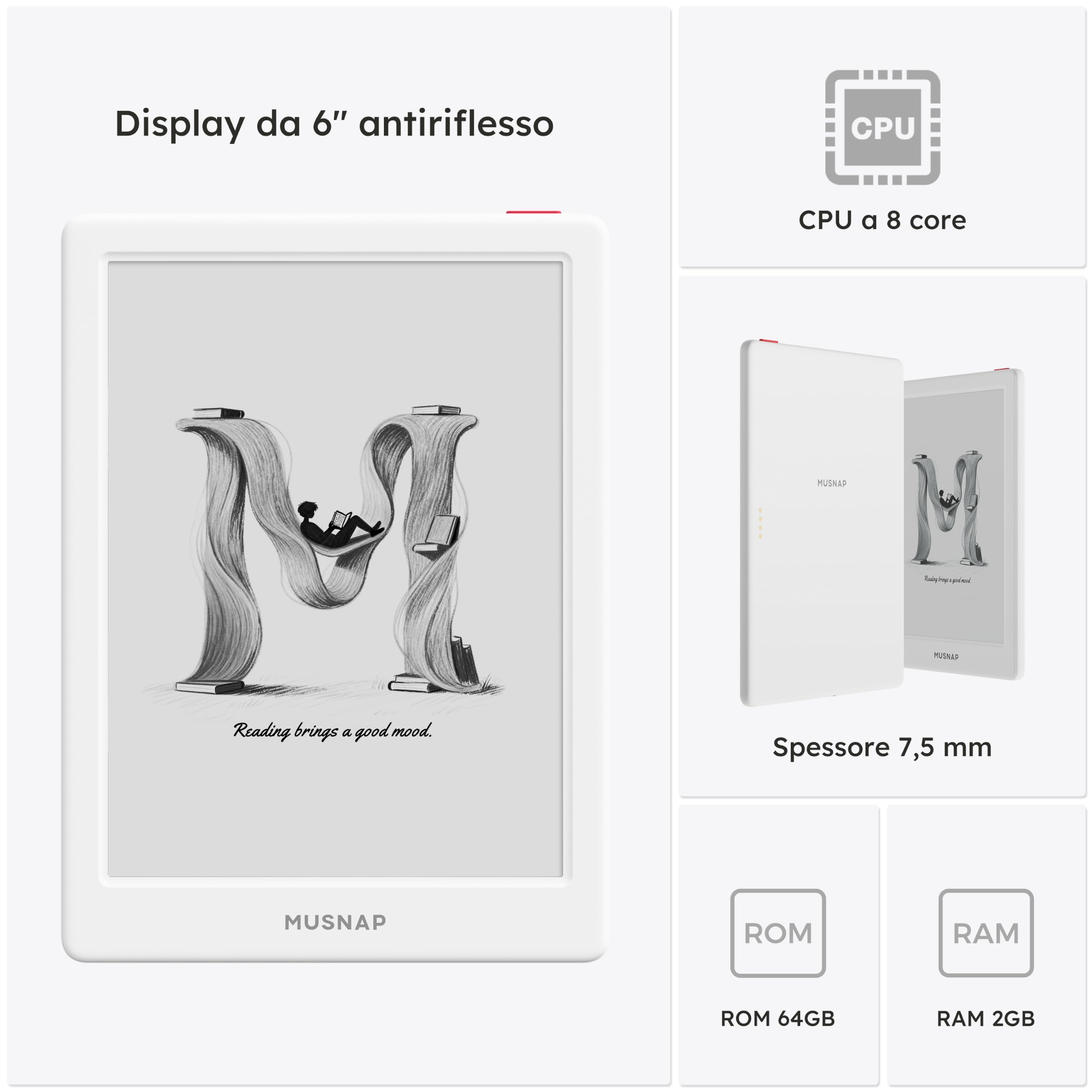 Neo 2 64GB+4GB eBook Reader Supporta applicazioni di terze parti, 6 "E Ink eReader ePaper B/N Carta digitale, lunga durata della batteria per la lettura