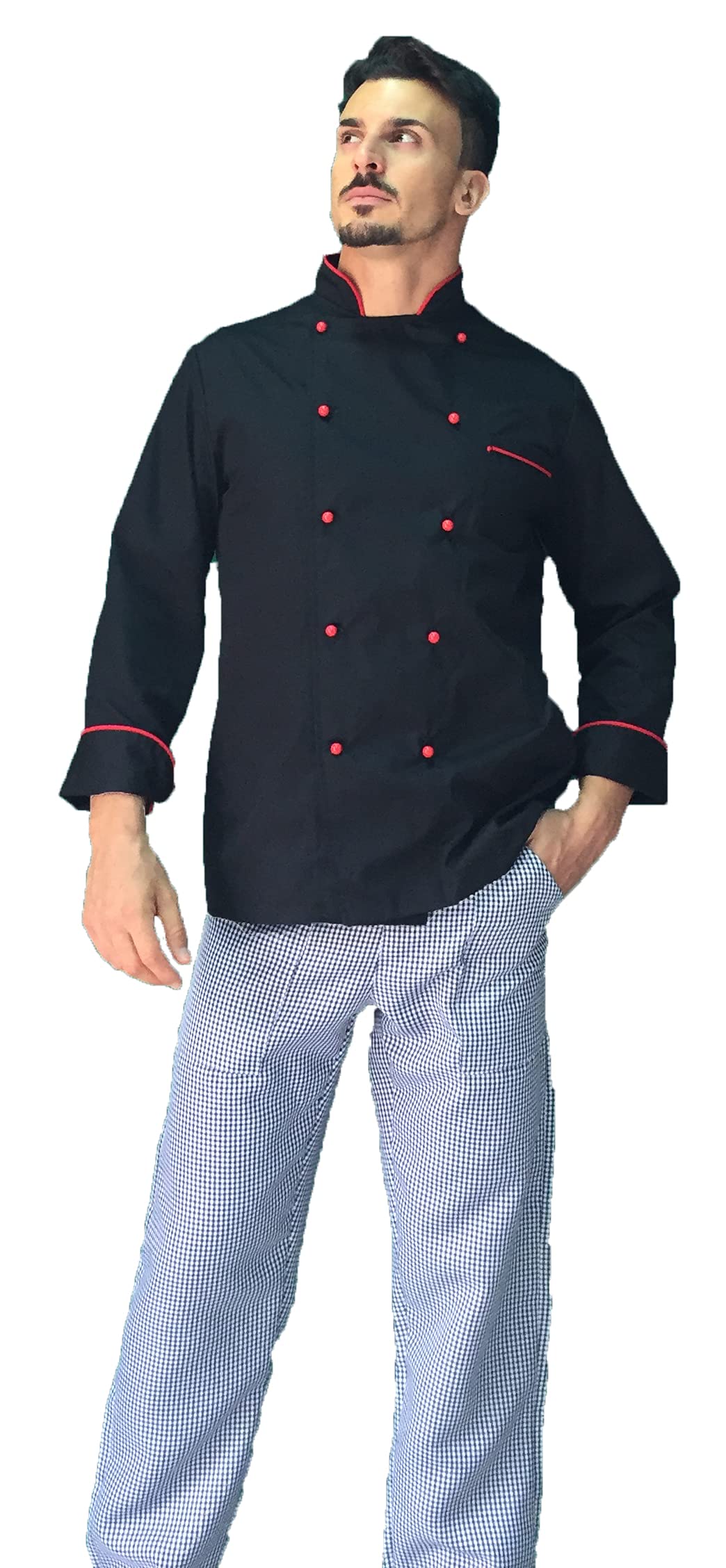 Ricamo Gratuito - Completo Cuoco Uomo - Nero/Rosso - Divisa Chef - Giacca, Pantaloni e Grembiule - 100% Cotone - Uniforme per Cucina e Ristorante