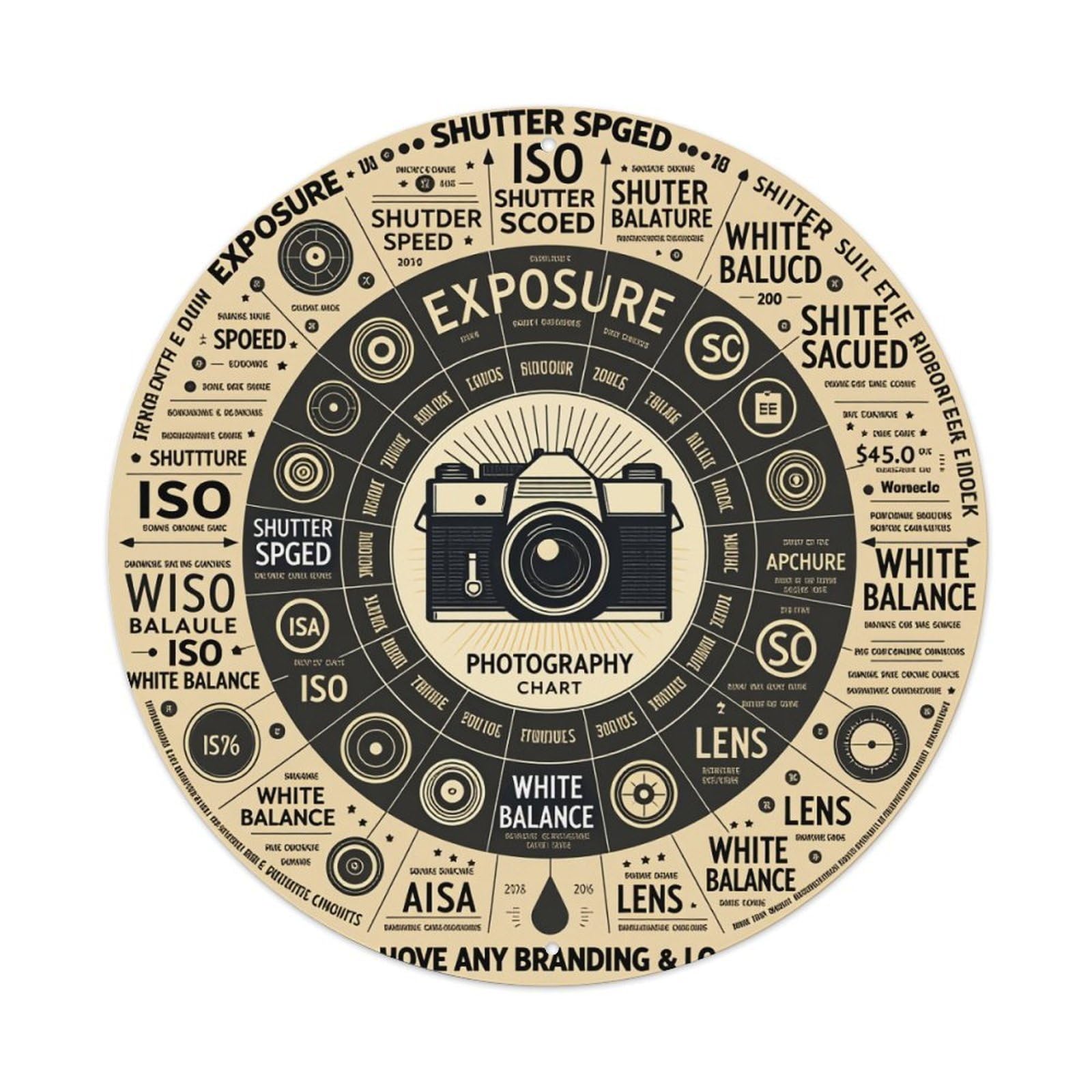Wmlzdnwr Vintage Photography Chart With Camera And Settings Round Tin Sign,Retro Wall Art,Metal Poster For Home, Bar, Garage, Cafe, Rustic Indoor & Outdoor Decor, 8X8 Inches