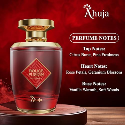 Miniatura 3 de AHUJA Rouge Fusion Eau De Parfum Unisex (3.4 fl oz)  Colonia de larga duración para hombres y mujeres  Notas de cítricos, vainilla, rosa, pino y