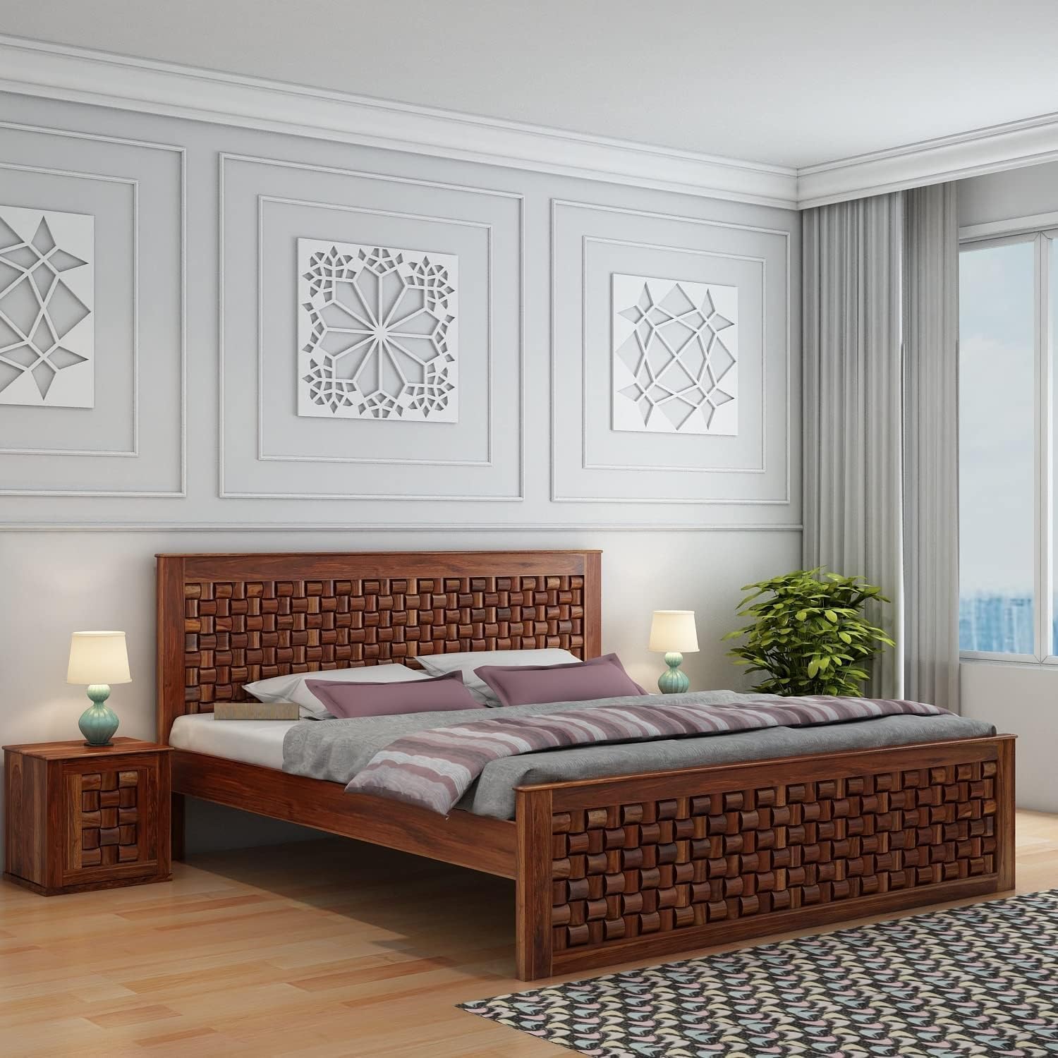Solid Sheesham Wood Queen Size Bed Without Storage | Wooden Double Bed Cot Bed for Bedroom Furniture | Niwar Patti Design Palang Double Bed for Hotels | Honey Finish-image-20