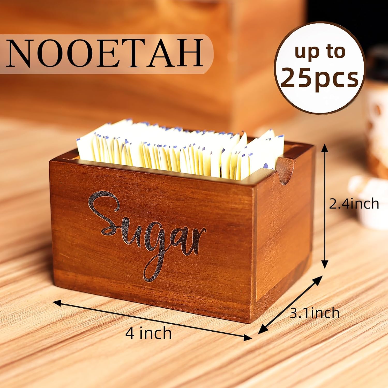 Acacia Sugar Packet Caddy for Coffee Bar, Farmhouse Wood Sugar Holder Packets , Sugar Packet Container, Small Tea Bag Organizer for Office Table,Hotel, Restaurant, Brown Labeled Sugar image 2