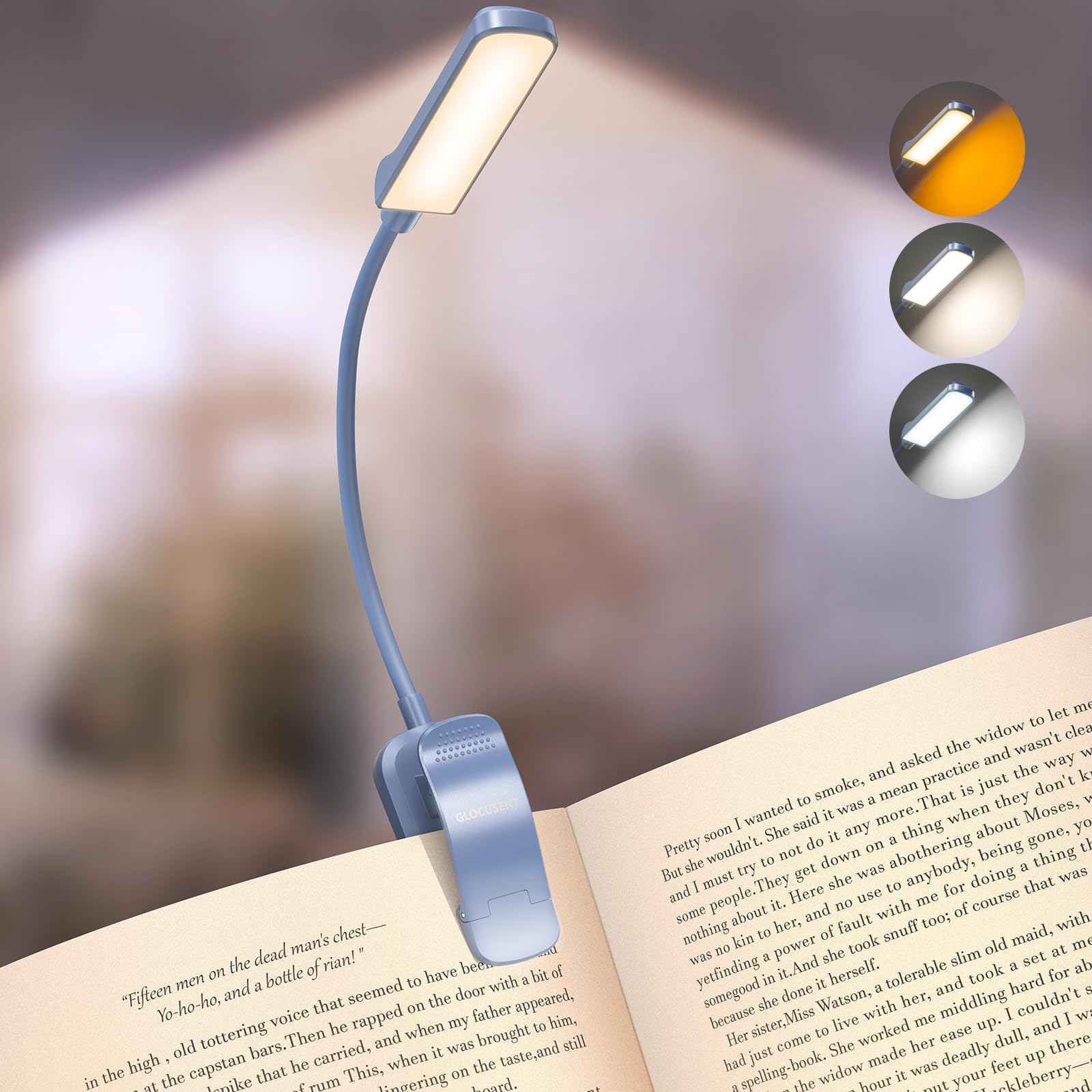 Glocusent 120H Book Light Rechargeable, 13 LEDs Clip on Reading Light, Eye Caring Reading Lamp with 3 Colors & 5 Stepless Dimming 3–60LM, Flexible Book Lamp for Book Lovers Kids
