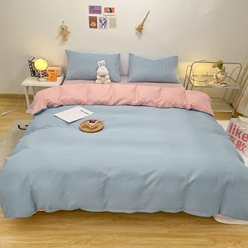 Simple Solid Color Bedding Duvet Cover Set, Ultra Soft Breathable Washed Cotton Bedding Comforter Cover Set, with Zipper Closure Include 1 Duvet Cover & 2 Pillowcases,Blue 2,King
