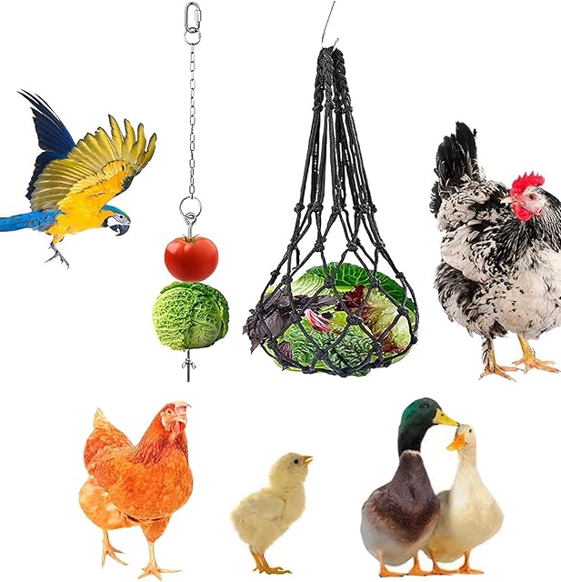 TSHAOUN Chicken Veggies Skewer Fruit Bag Set, Chicken Feeder, Vegetable String Bag, Fruit Holder Stainless Steel Hanging Feeder Coop Toy for Goose Duck Large Birds (2 Pcs)
