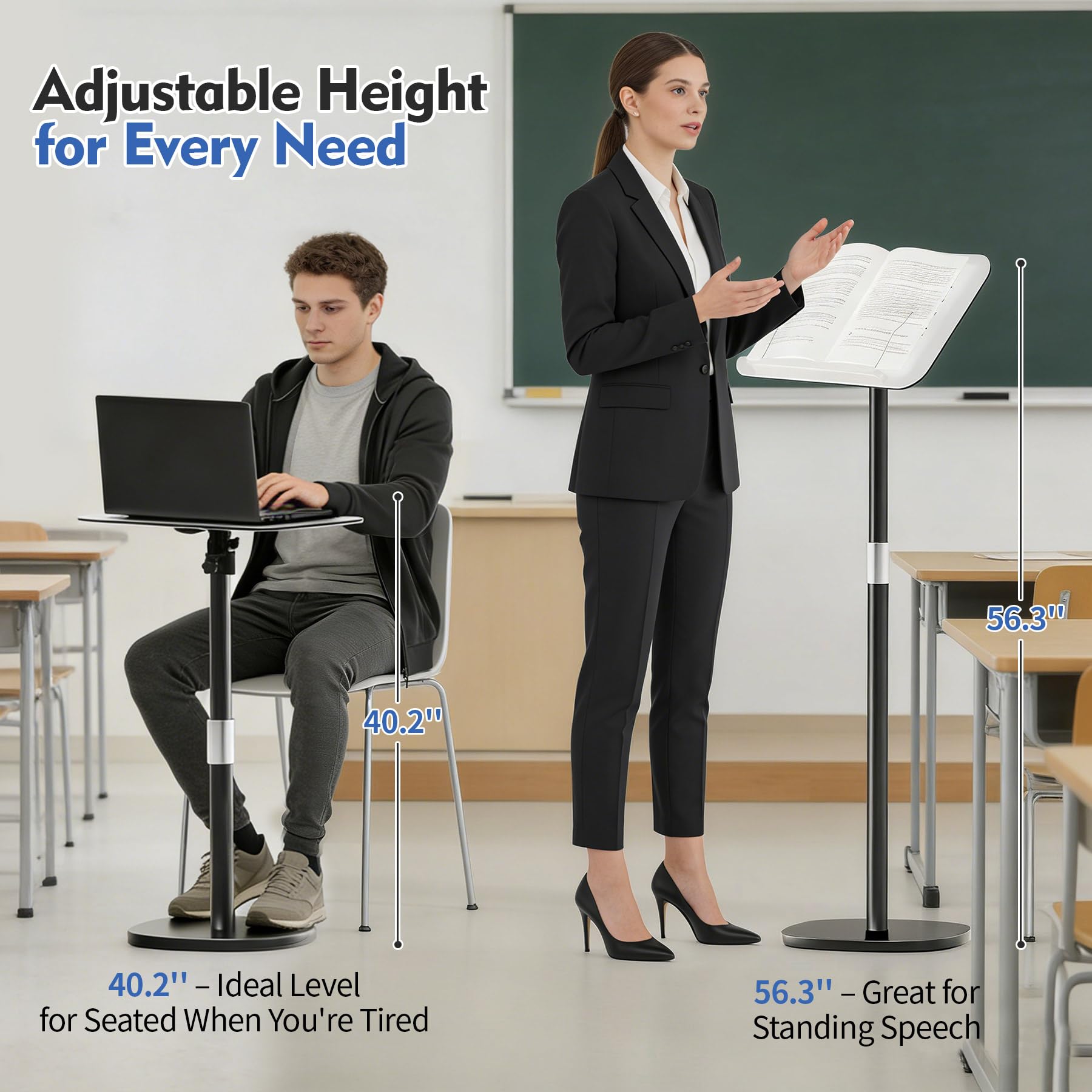 Tragbarer Podiumständer und Laptop-Lektrum, 67,1 cm - 143 cm, verstellbar, hoher Boden, Präsentationspodium mit Seitenclips und drehbarem Paneel für Lehrer, Pastoren und Büro (passend für bis