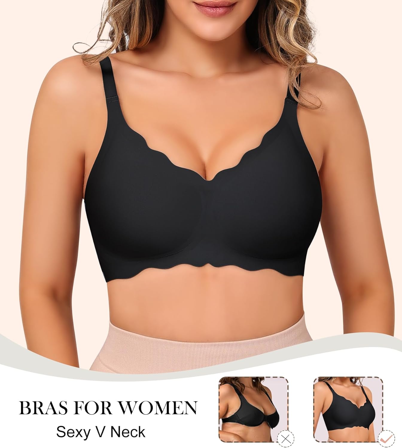 Wireless Bras for Women, Seamless Scalloped V-Neck Push Up Full Coverage Bra, Comfort Everyday Sport Bralette - Image 4