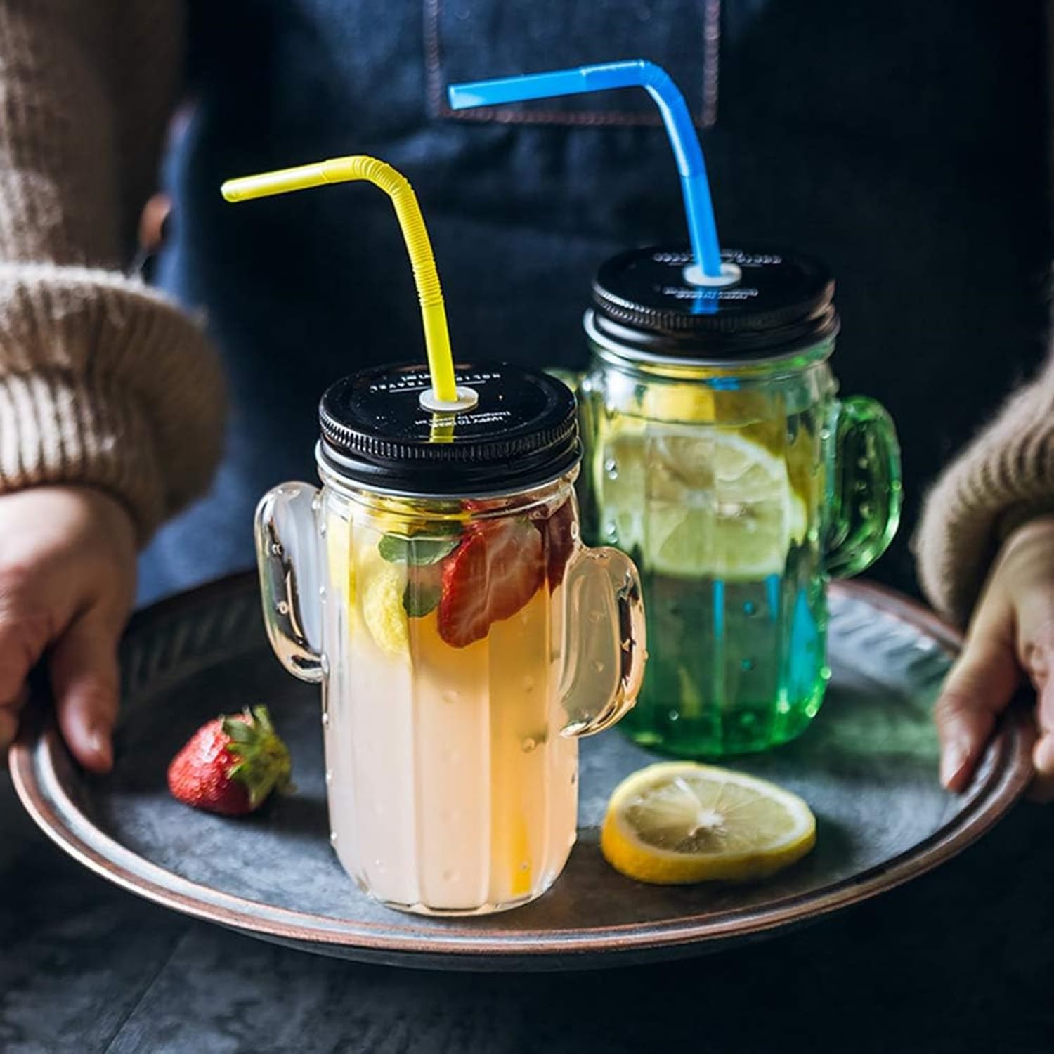 Lot de 4 tasses en verre avec paille, verres à cactus, tasses créatives pour eau, jus, café (verre cactus, vert)
