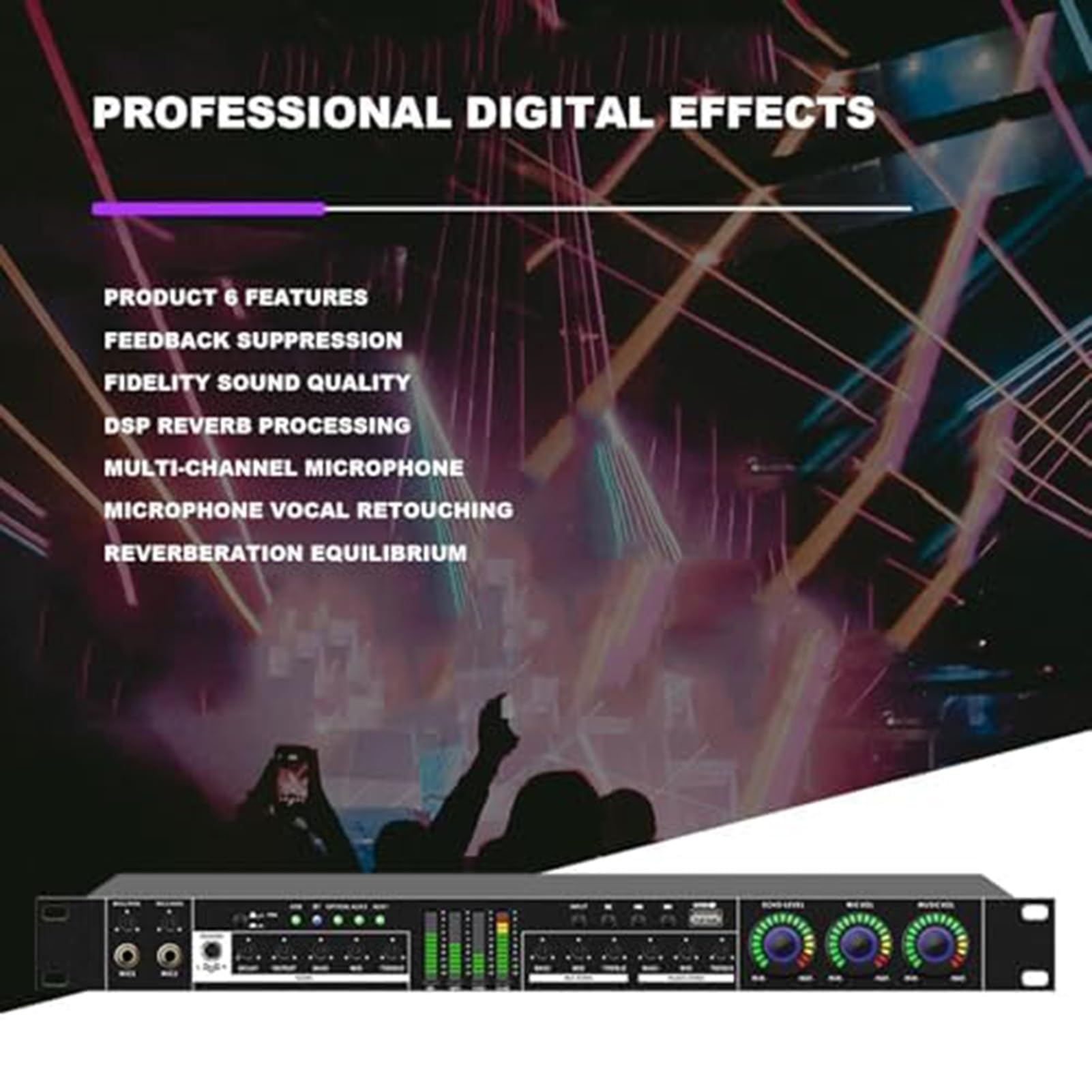 HFDJRWK Processore Audio Anti-Feedback con Effetto Preamplificatore Digitale Professionale, Mixer Karaoke con Schermo LCD, Adatto for Ktv Domestici, Palchi, Spettacoli e Matrimoni.