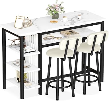 Lamerge Furniture Kitchen Bar Height Table and Chairs for 2, 5-Tier Compact Dining Room Table, White Faux Marble Top and 2 PU Leather Upholstered Seat Black Frame, Modern Dining Set for Home & Office