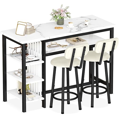 Lamerge Furniture Kitchen Bar Height Table and Chairs for 2, 5-Tier Compact Dining Room Table, White Faux Marble Top and 2 PU Leather Upholstered Seat Black Frame, Modern Dining Set for Home & Office
