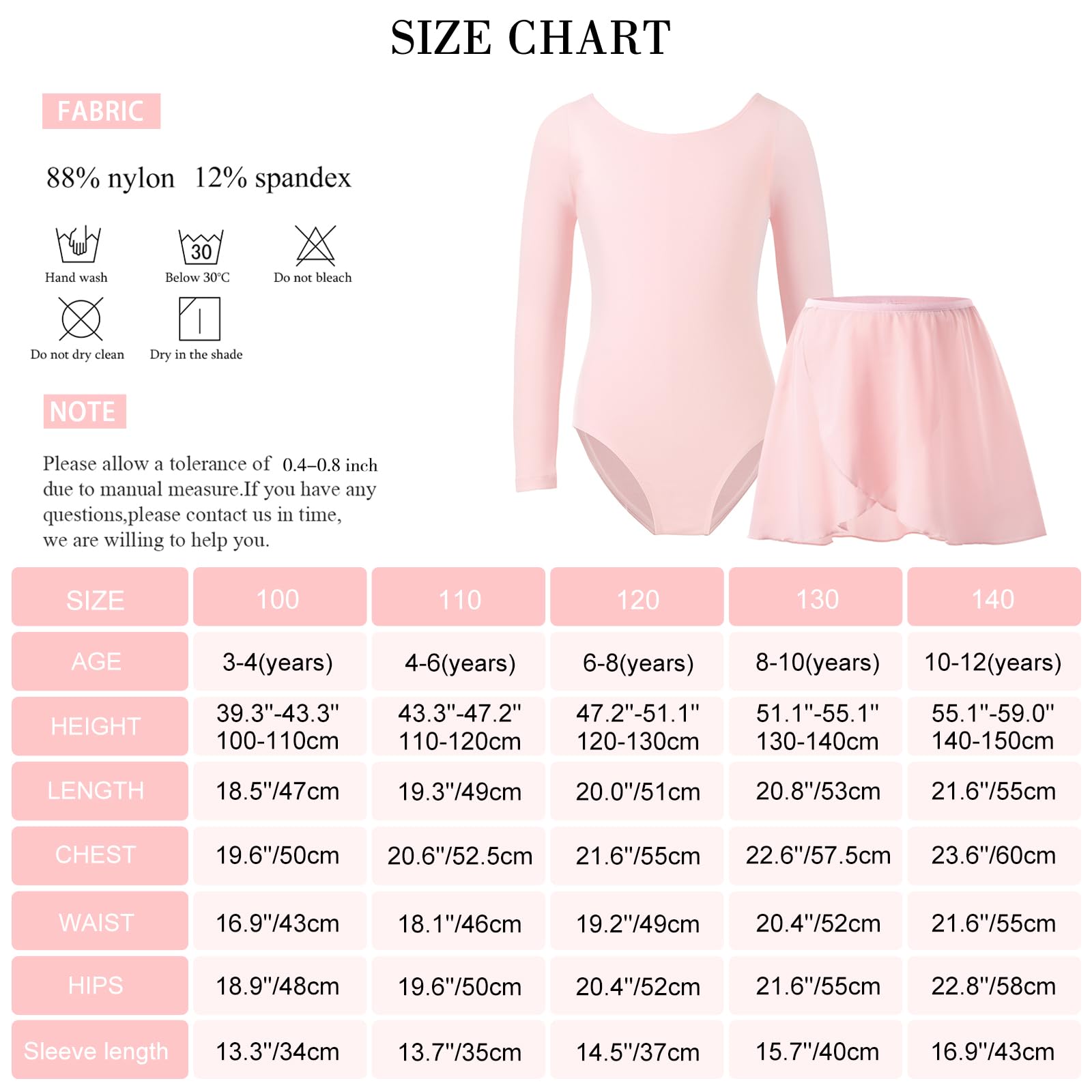 Bezioner Body Danza Classica Bambina con Gonna Rimovibile Vestito da Balletto Gonnellino Danza Manica Lunga