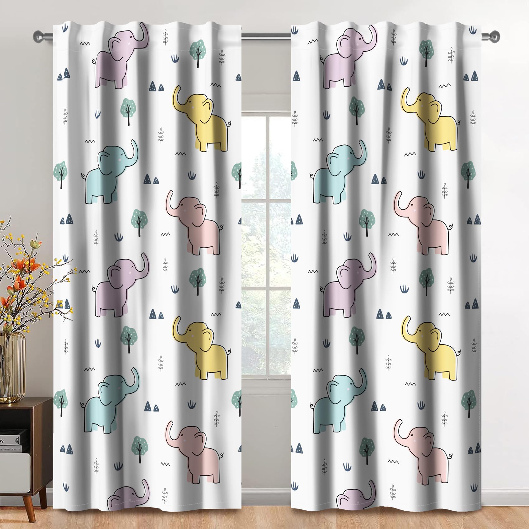 Kzzfqxb Kinder vorhänge 117x183cm 2 Paneele Elefantenbabys kleine Bäume Gräser Fensterdekoration für Kinder Mädchen Jungen Schlafzimmer Kinderzimmer Wohnzimmer