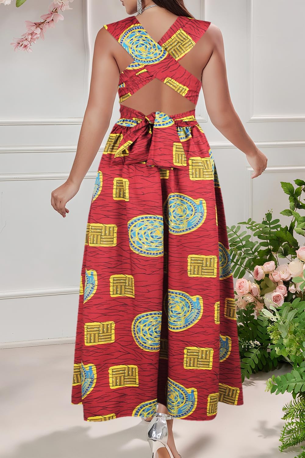 Vimoisa Women Sexy Boho African Long Maxi Dress V-Neck Multi-Way Pleated Floral Print Dresses - Image 6