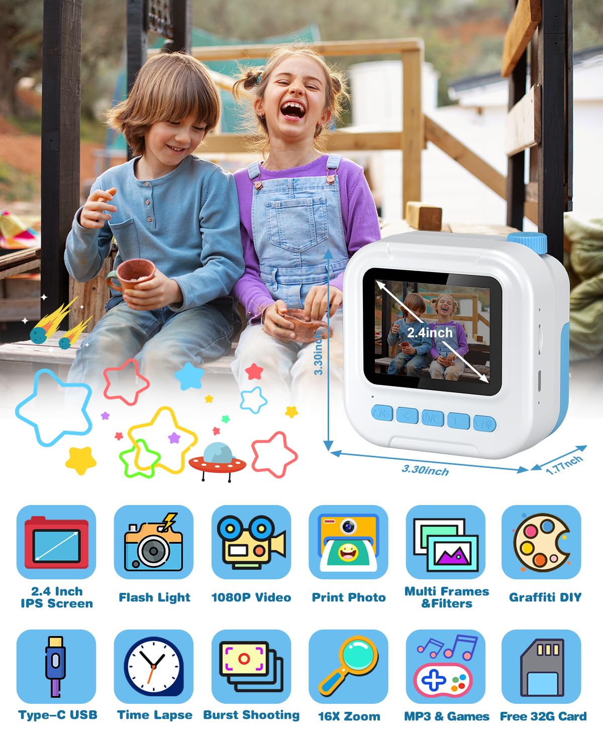 GREENKINDER Macchina Fotografica Bambini Istantanea, 2,4 Pollici 1080P Fotocamera Istantanea Bambini, Fotocamera Digitale con 32G Scheda, 5 Penne Colorate, Giocattoli da Regalo per Bambini 3-12 Anni