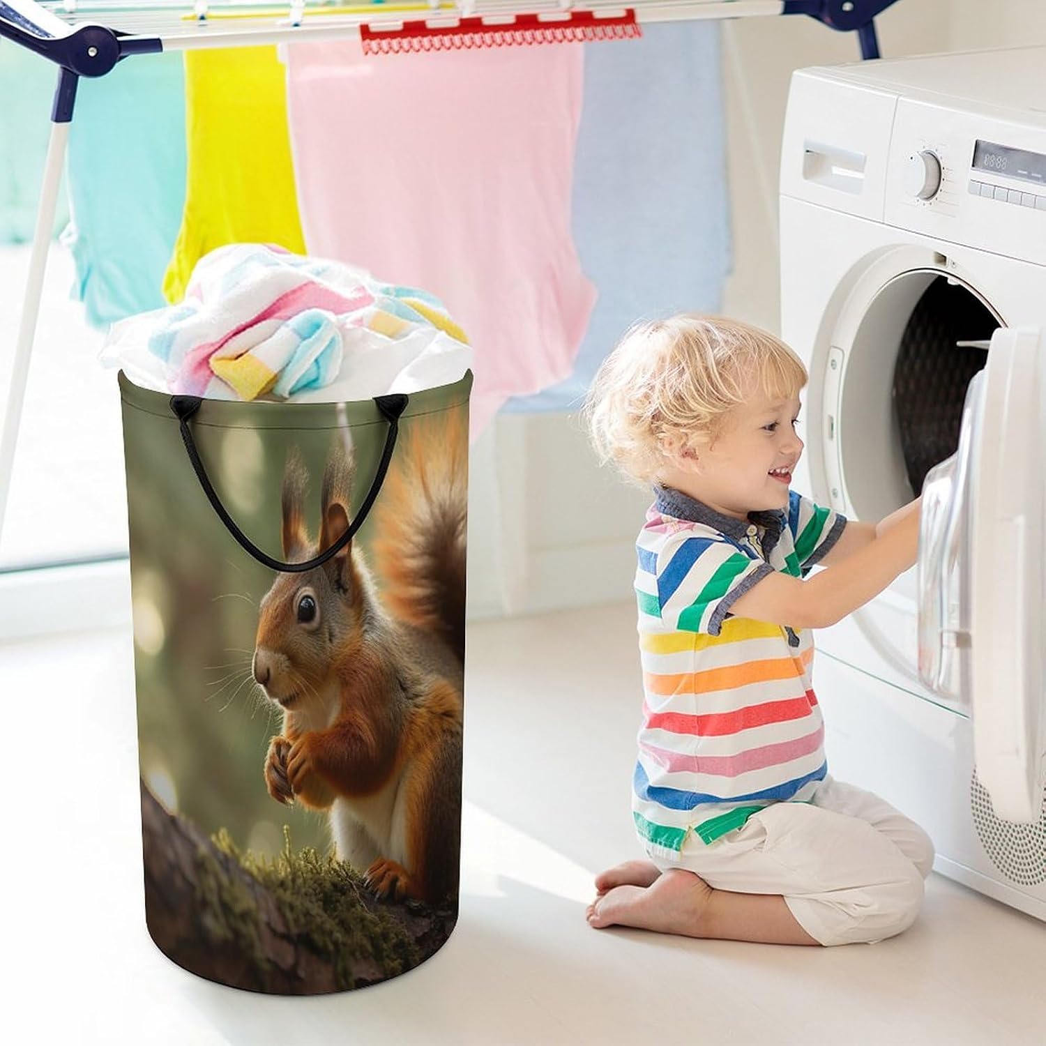 Large Laundry Hamper with Handles Wildlife Squirrel Laundry Basket Freestanding Waterproof Clothes Hamper for Living Room Bedroom Bathroom College Dorm
