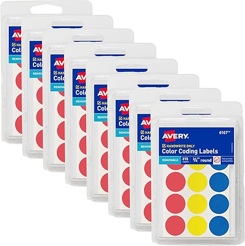Avery Etiquetas extraíbles con codificación de colores, etiquetas redondas de 34 pulgadas, colores surtidos, no imprimibles, 8 paquetes, 2,520