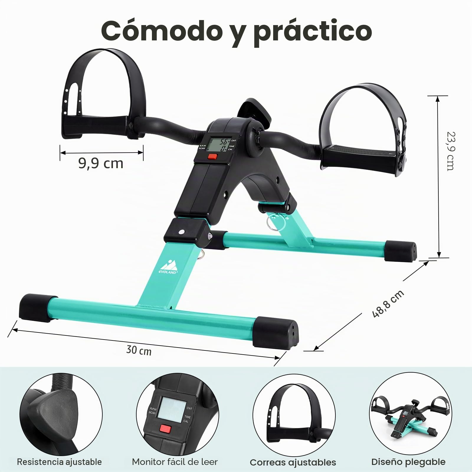 EVOLAND Bicicleta ejercitadora de pedales, portátil para el hogar, mini bicicleta de ejercicio, plegable, con monitor LCD y resistencia ajustable, no incluye alfombrilla deslizante Azul/Verde