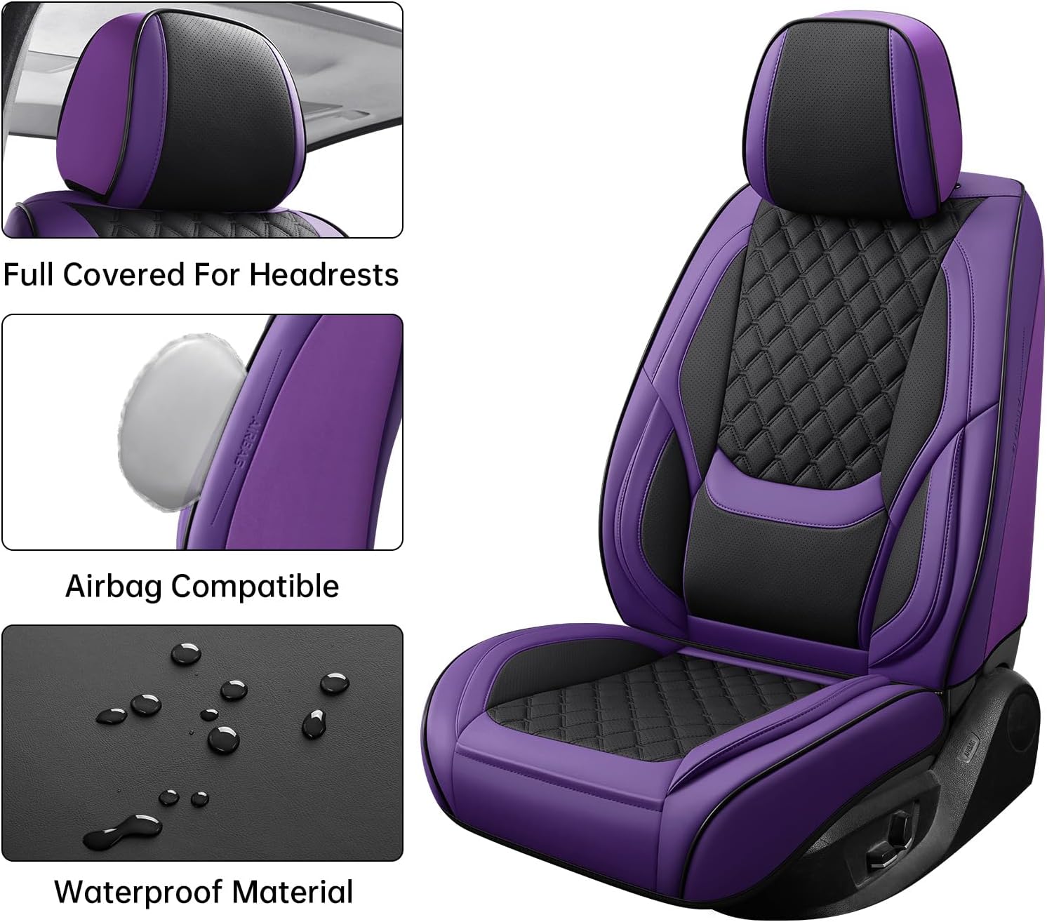 Car Seat Covers Full Set Purple Black, Luxury Faux Leather Waterproof Non-Slip Seat Protector Universal Fit for Most Cars SUVs Trucks Pick-ups,Car Interior Accessories for Front Seats and Back
