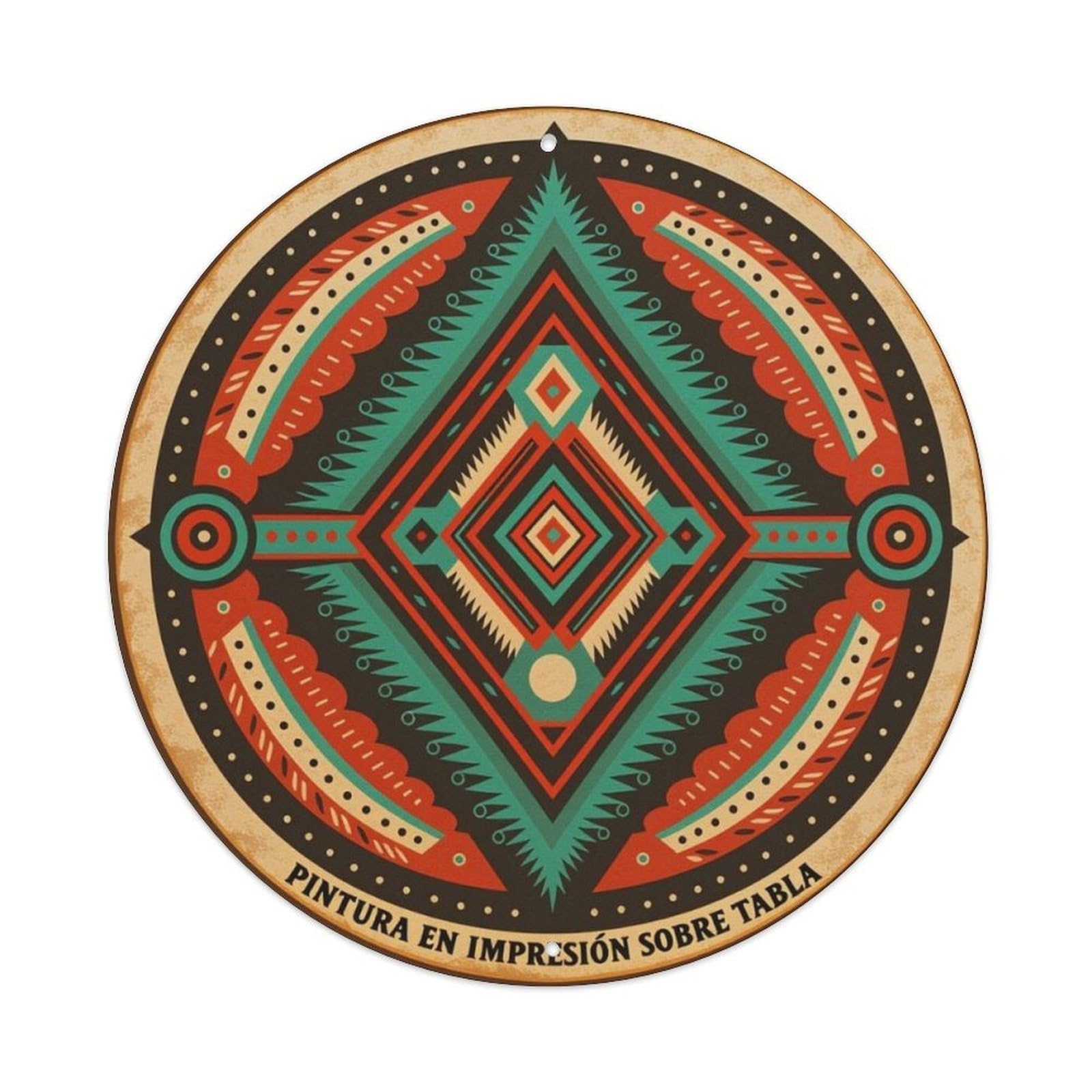 Navajo Ethnic Geometric Vintage Spanish Print Round Sign Vintage Aluminium Metal Sign, Retro Wall Decor for Home, Bar, Garage & Farmhouse 20x20cm