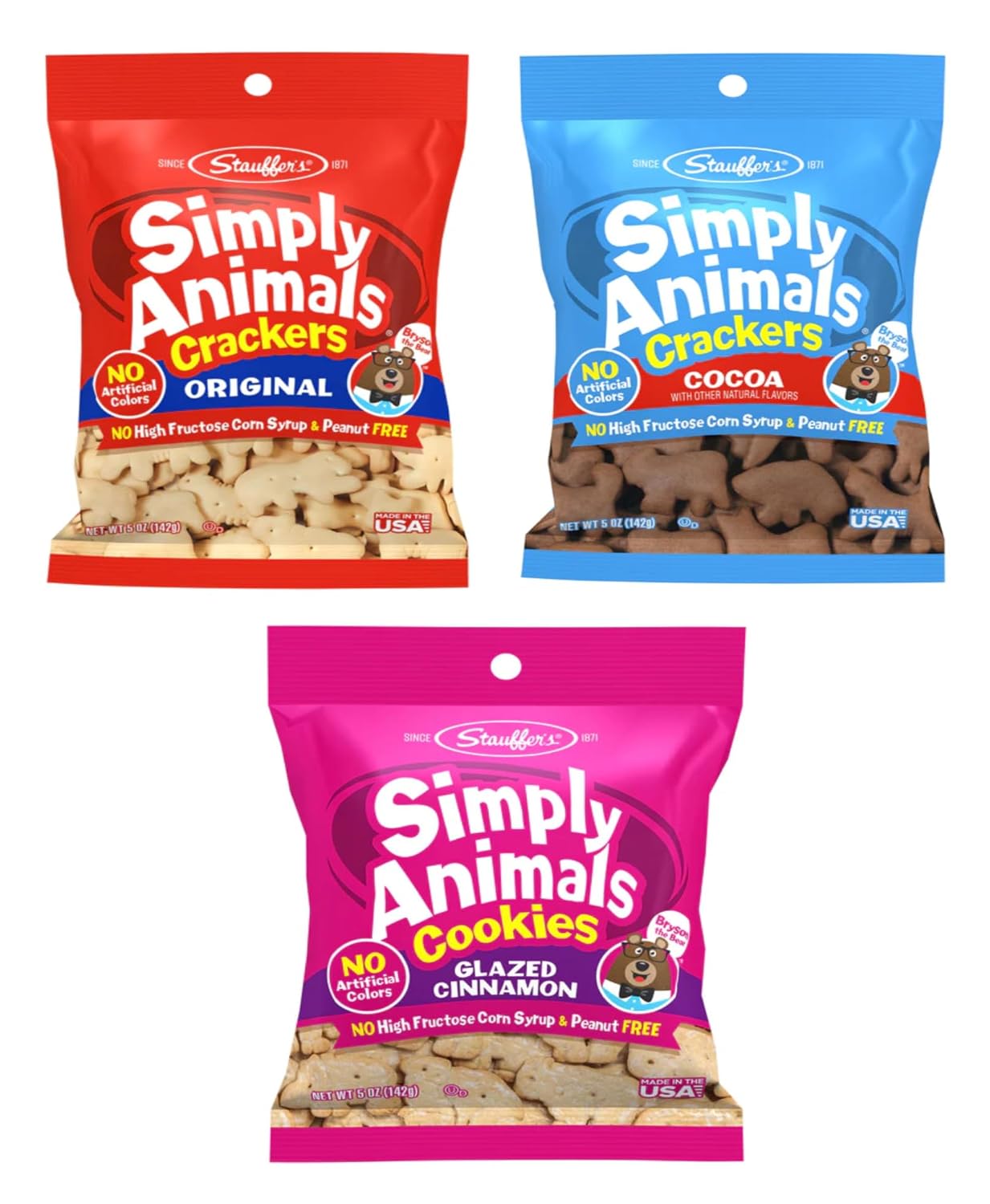 Stauffer's Simply Animals Variety Pack of 3 - One Bag of Each - Original, Cocoa, and Glazed Cinnamon - Great For Snacking Anywhere and Anytime