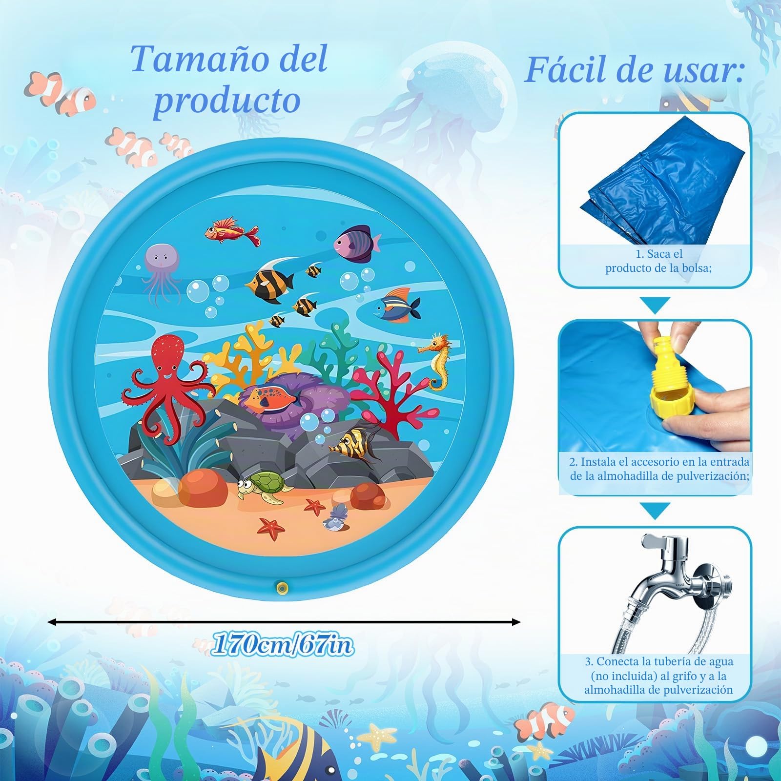 170 cm Splash Pad, Juegos de Agua con Rociadora para Niños y Perros, Antideslizante Alfombra Aspersora para Jardín Playa, Juguete de Verano para Exterior, Niños y Mascotas
