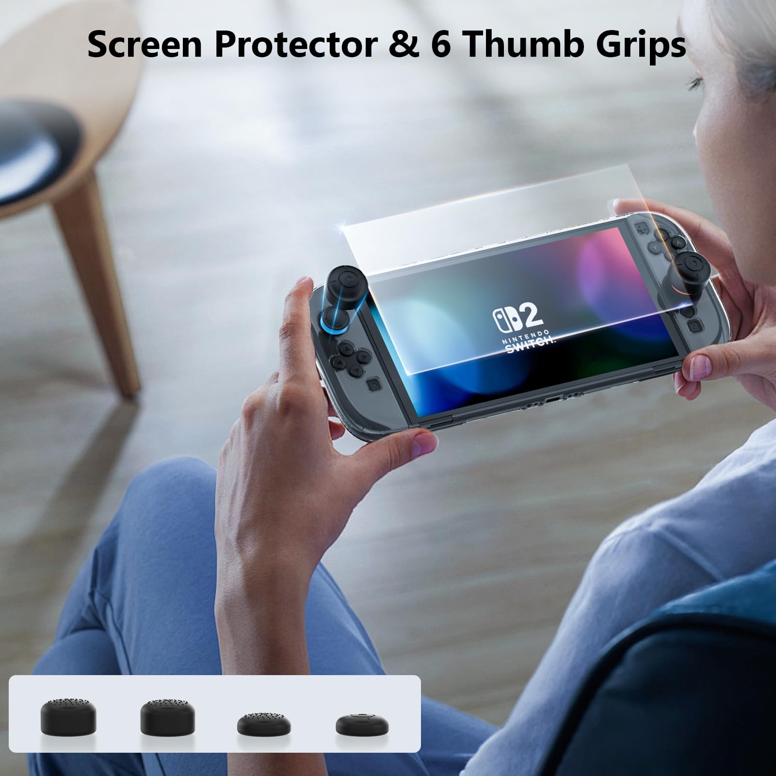 HEYSTOP [120 Pezzi] Custodia per Nintendo Switch 2 Dockable Clear Soft TPU Cover Protettiva per Switch 2 Grip con Una Protezione per Lo Schermo in Vetro Temperato Switch 2 e 6 Cappucci per Levette