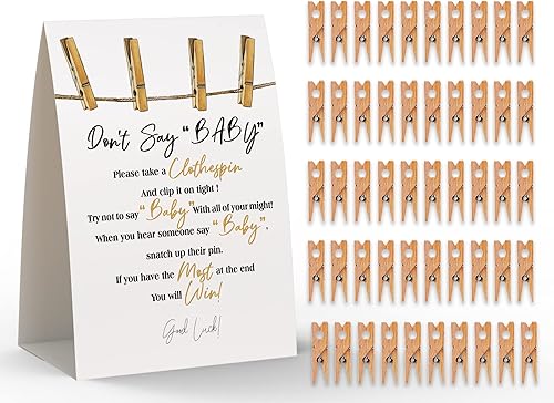 Cartel de "Don't Say Baby Show", juego de pinzas para ropa de baby shower, incluye un letrero de pie de 5 x 7 pulgadas y 50 mini pinzas naturales