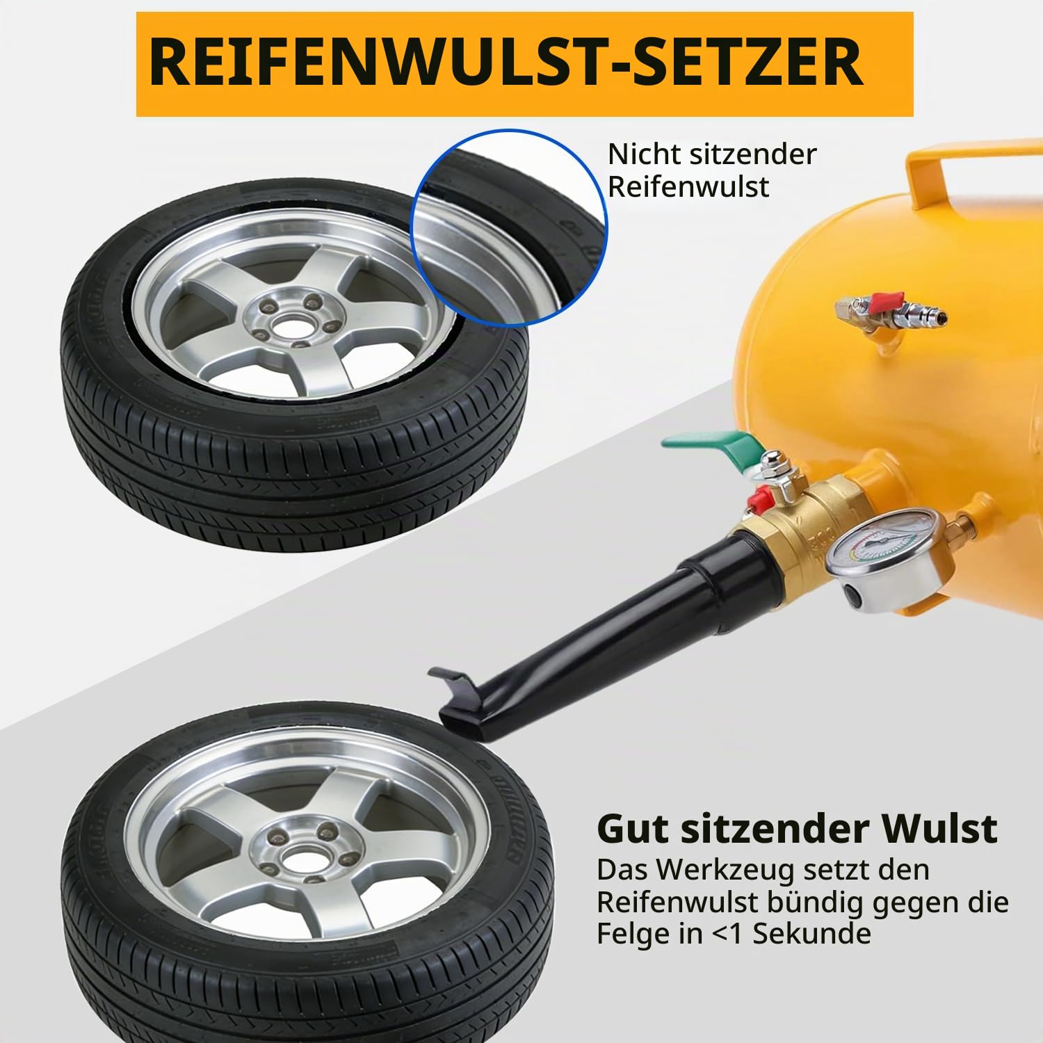 FreeTec Gonfleur Booster Pneu, 20L 5 Gallon Bonbonne Air Pneus, 6-8 bar Gonfleur Jante Style Canon à Air et Bazooka avec Manomètre & Soupape de Sécurité pour Pneus 12R (24.5") Camion Tracteur, Jaune