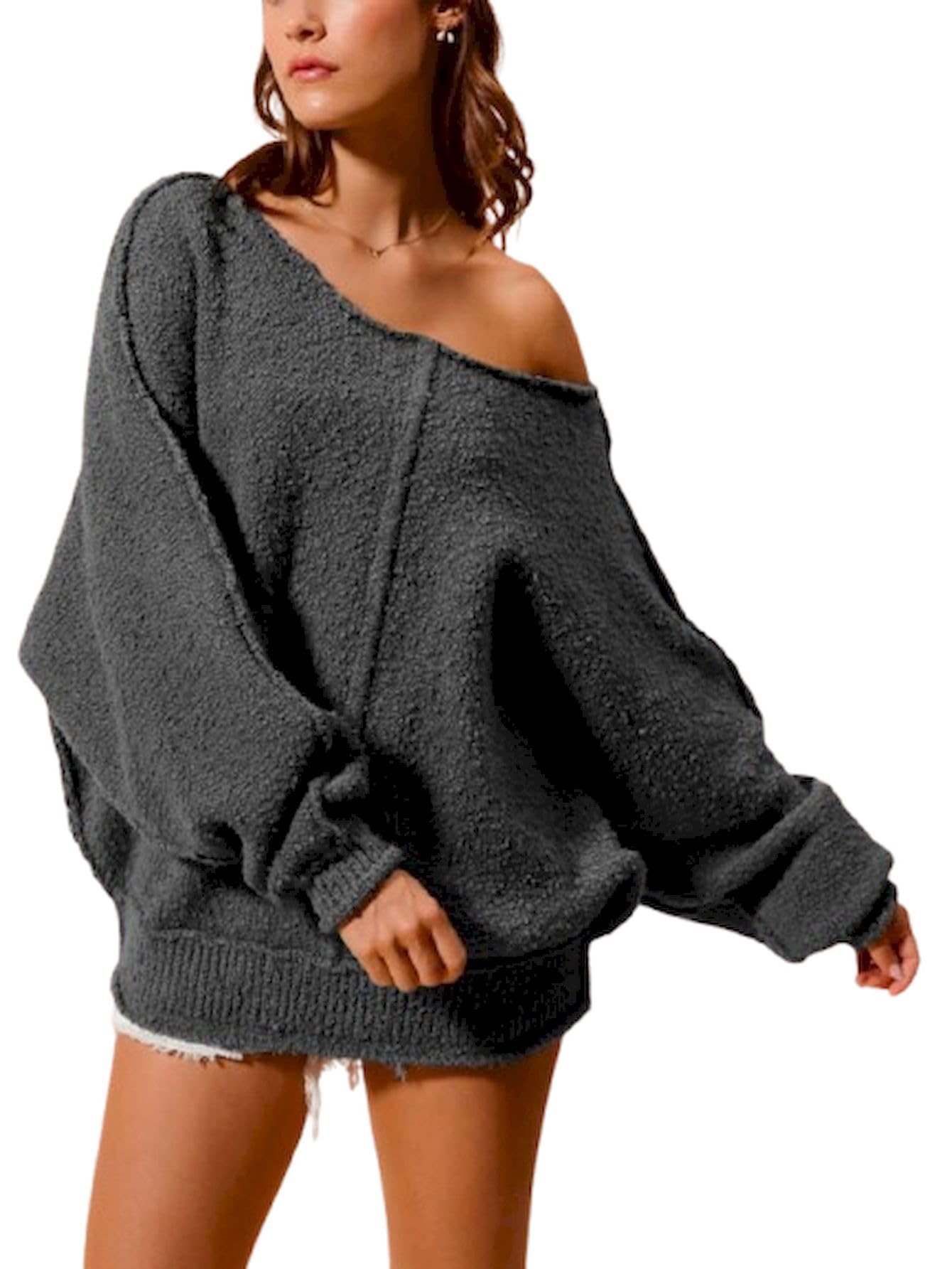 Womens Casual Pullover Sweater Chic Oversized Off Shoulder Slouchy Fuzzy Knit Top Charcoal Grey Winter