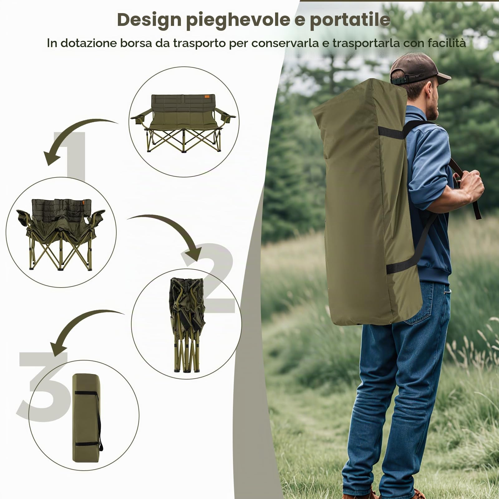 KOMFOTTEU Sedia da Campeggio Pieghevole con Braccioli Regolabili, Sedia da Esterno Portatile con Borsa di Trasporto e Porta Bicchieri, Poltrona per 2/3 Persone, per Pesca, Giardino (Modello II-Verde)