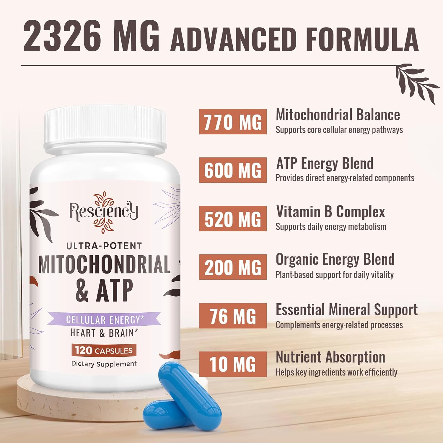 Resciency 2326 MG Mitochondrial Supplements with ATP, Vitamins, CoQ10 & PQQ, More Effective Than Creatine HMB & Nitric Oxide, Energy, Endurance, Strength, Recovery & Muscle, Organic, 240 Capsules - Image 3