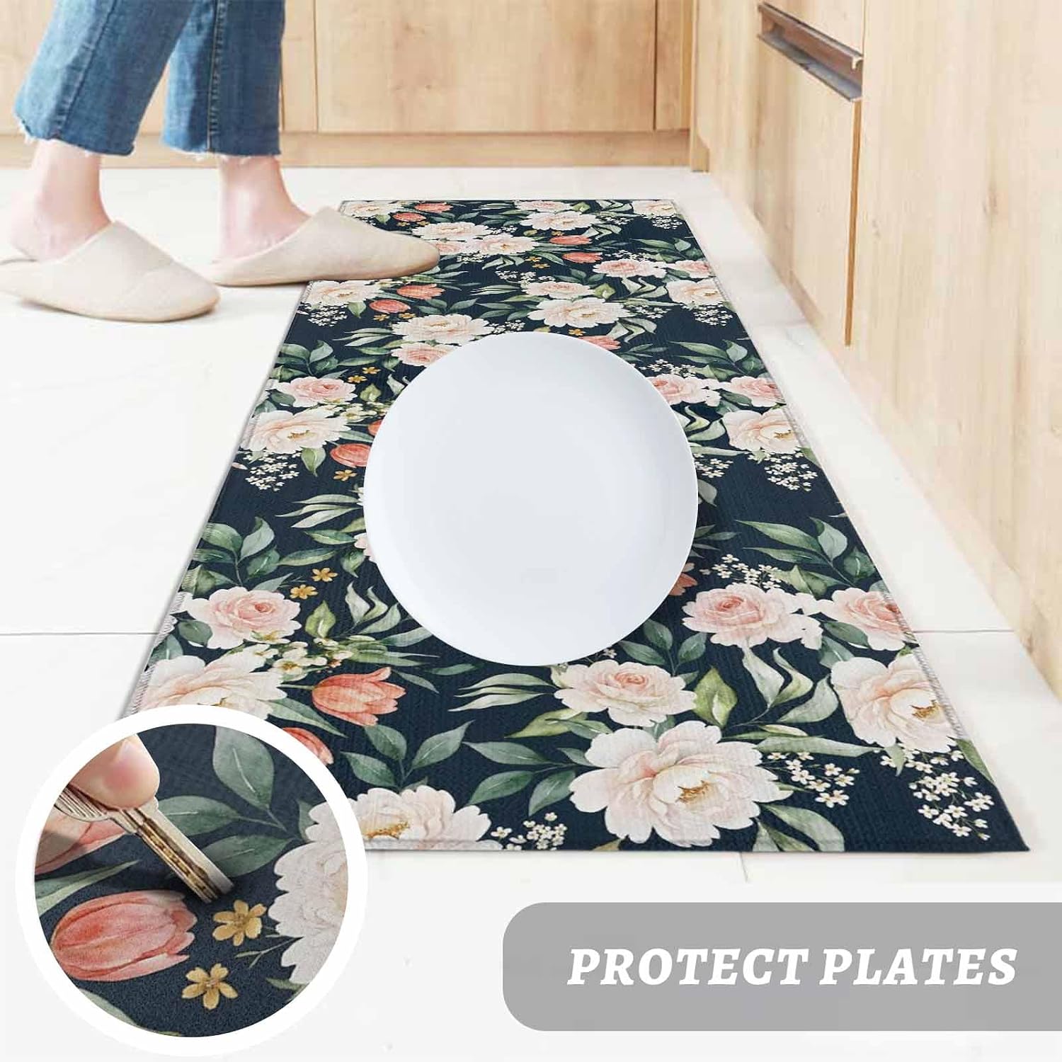 Teamery Kitchen Mats for Floor Watercolor Flowers Peonies Tulips Washable Non Slip Kitchen Rugs 1PCS, Farm Floral Leaves Absorbent Standing Mats for Sink Bathroom Office Living Room 15.7x47.2in