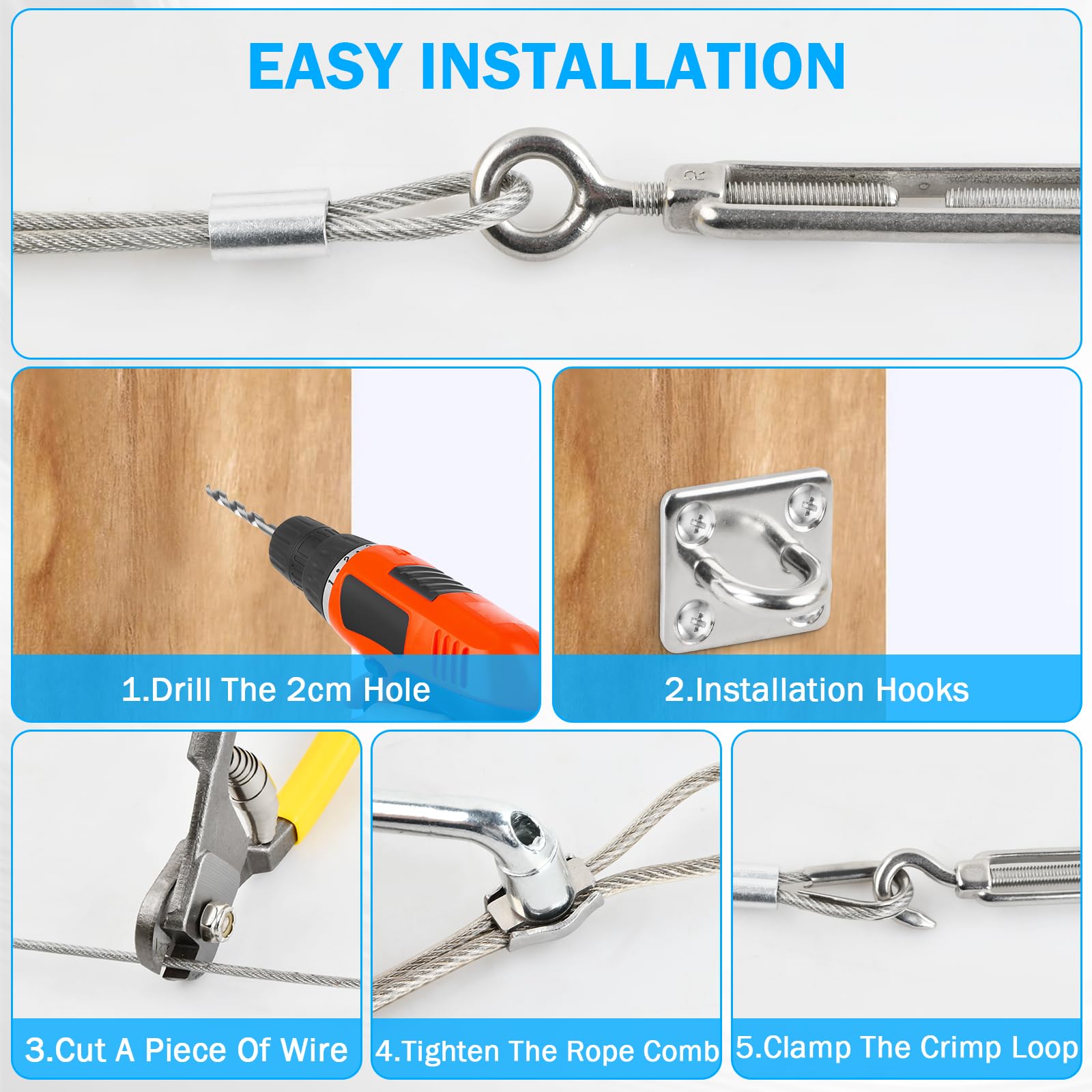 70 Pcs Kit 30m Cable Acero Plastificado 2mm 7x7 con 4 Tensores de Alambre, 20 Presillas, 10 Abrazaderas, 10 Guardacabos, 4 Ganchos y 4 Mosquetones, Cuerda para Tender Ropa Exterior Jardín (2mm)