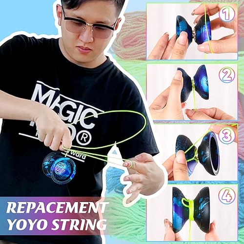 Miniatura 5 de Paquete de 50 cuerdas profesionales de Yoyo, suaves 100% poliéster, para yoyos sensibles y que no responden, color azul, verde, rosa, amarillo,