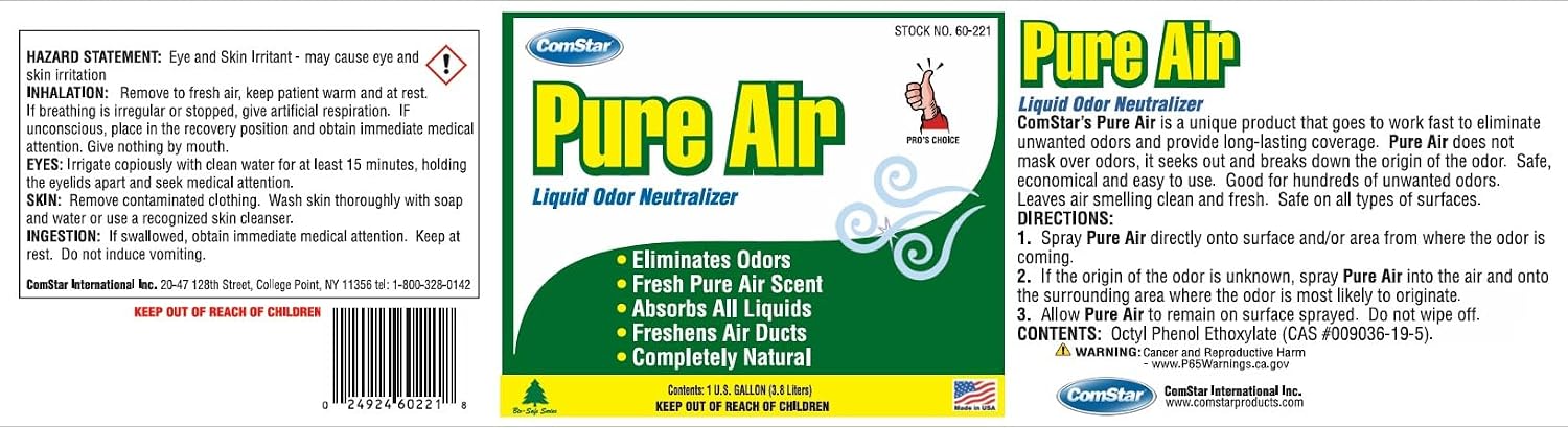 Pure Air Liquid, 1 Gallon, Odor Neutralizer, Fast-Acting, Long-Lasting Scent, Eliminates Unwanted Odors from HVACR Systems, Freshens Air in Homes, Offices & Vehicles (60-221)