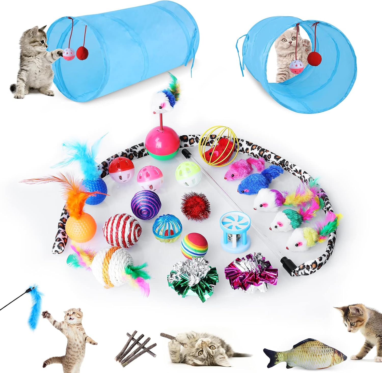 Arlopu 31 PCS Cat Toy Set, Interactive Kitten Toy Assortment with 2 Way Tunnel, Cat Feather Teaser with Bell, Fluffy Mouse, Chew Stick,…