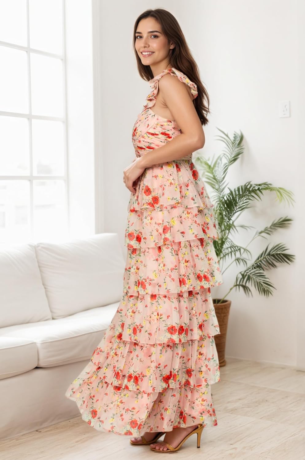 kosoze Floral Print Prom Dress Backless Layered Chiffon Ruffles Formal Evening Gowns A-Line