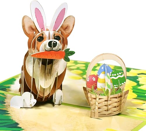 GREETING ART Tarjeta desplegable de Pascua tarjeta desplegable para perro cesta de Pascua tarjeta de Pascua para amigos familia niños tarjetas 3D