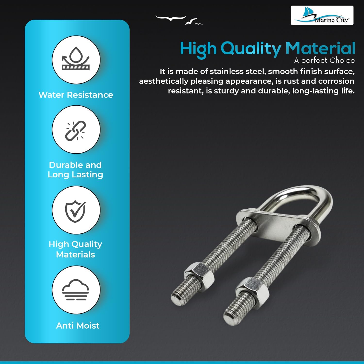 MARINE CITY Stern Stock Bow Eye U-Bolt, Stainless Steel, 4-1/2" Length, Polished Finish, for Boats, Yachts, and Marine Hardware (1 Pcs)